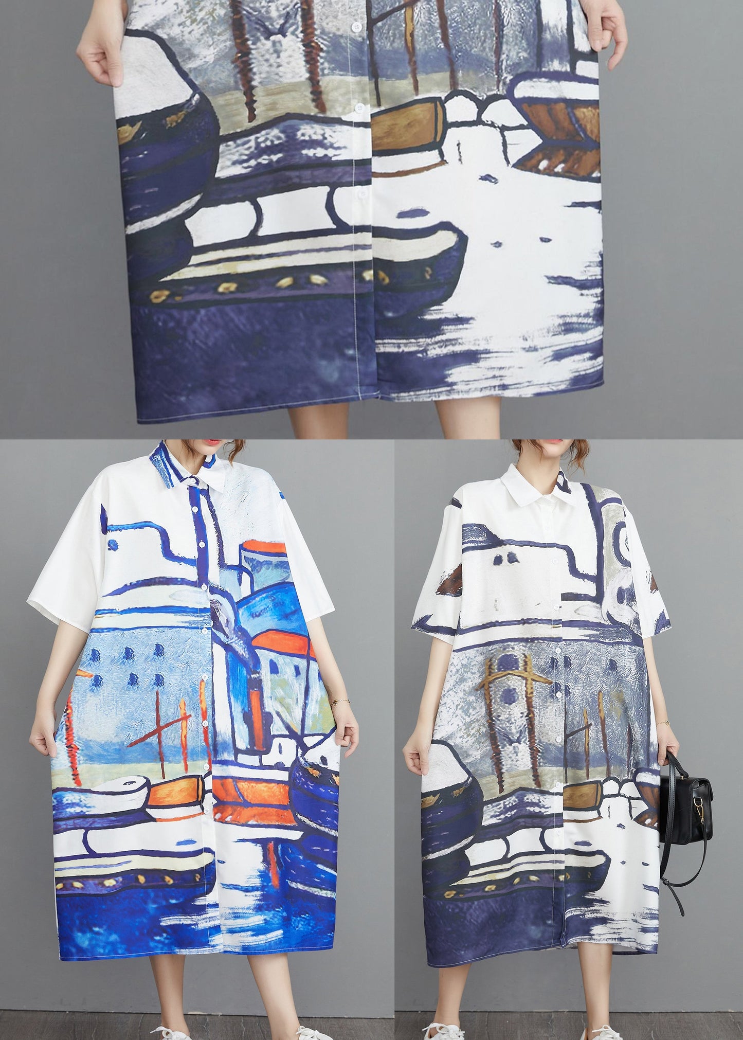 Oversized Shirt Dresses Grey Print Cotton Summer