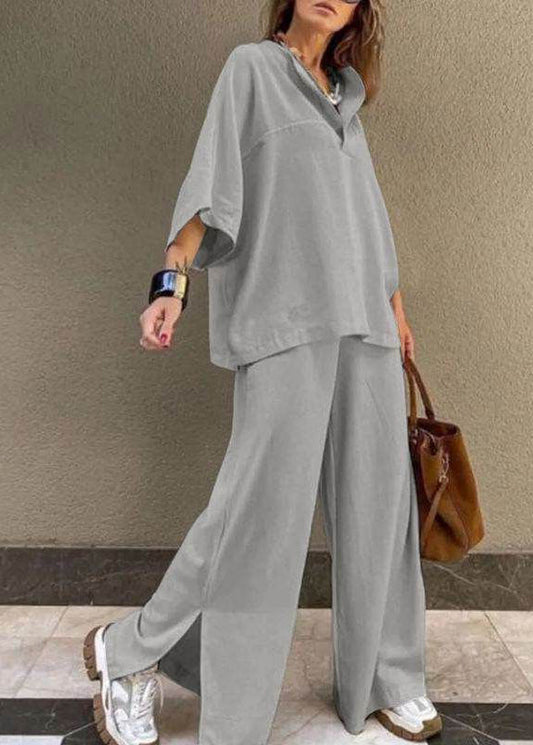 Wide Grey Shirts And T Set Two Side Pieces Pants Leg Open