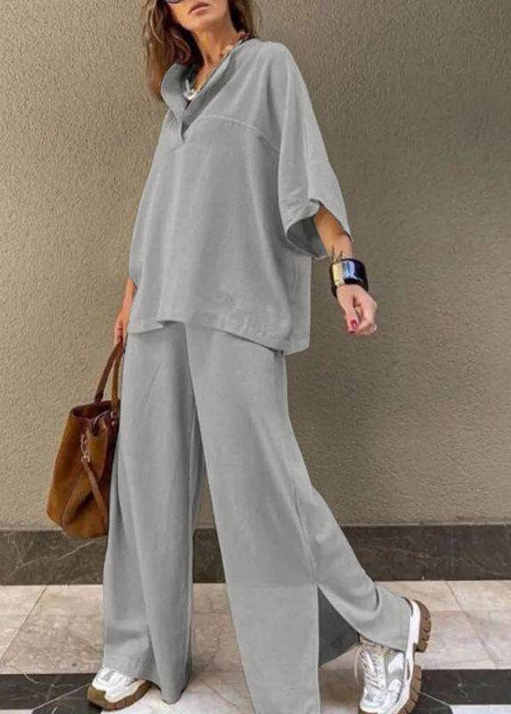 Wide Grey Shirts And T Set Two Side Pieces Pants Leg Open