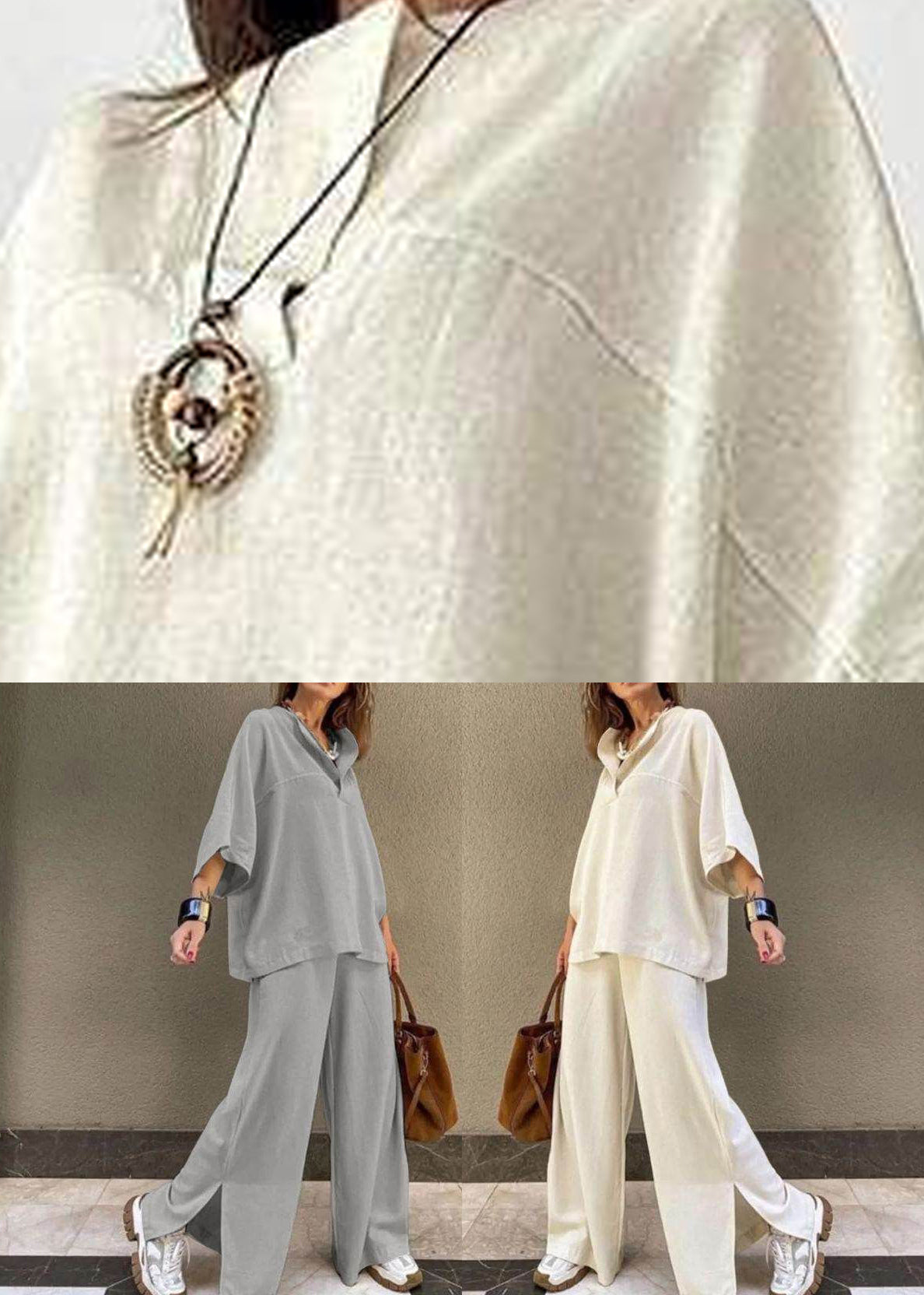 Wide Grey Shirts And T Set Two Side Pieces Pants Leg Open