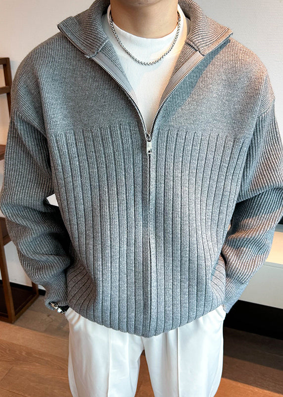 Knit Peter Men Coat Spring Grey Solid Pan Collar