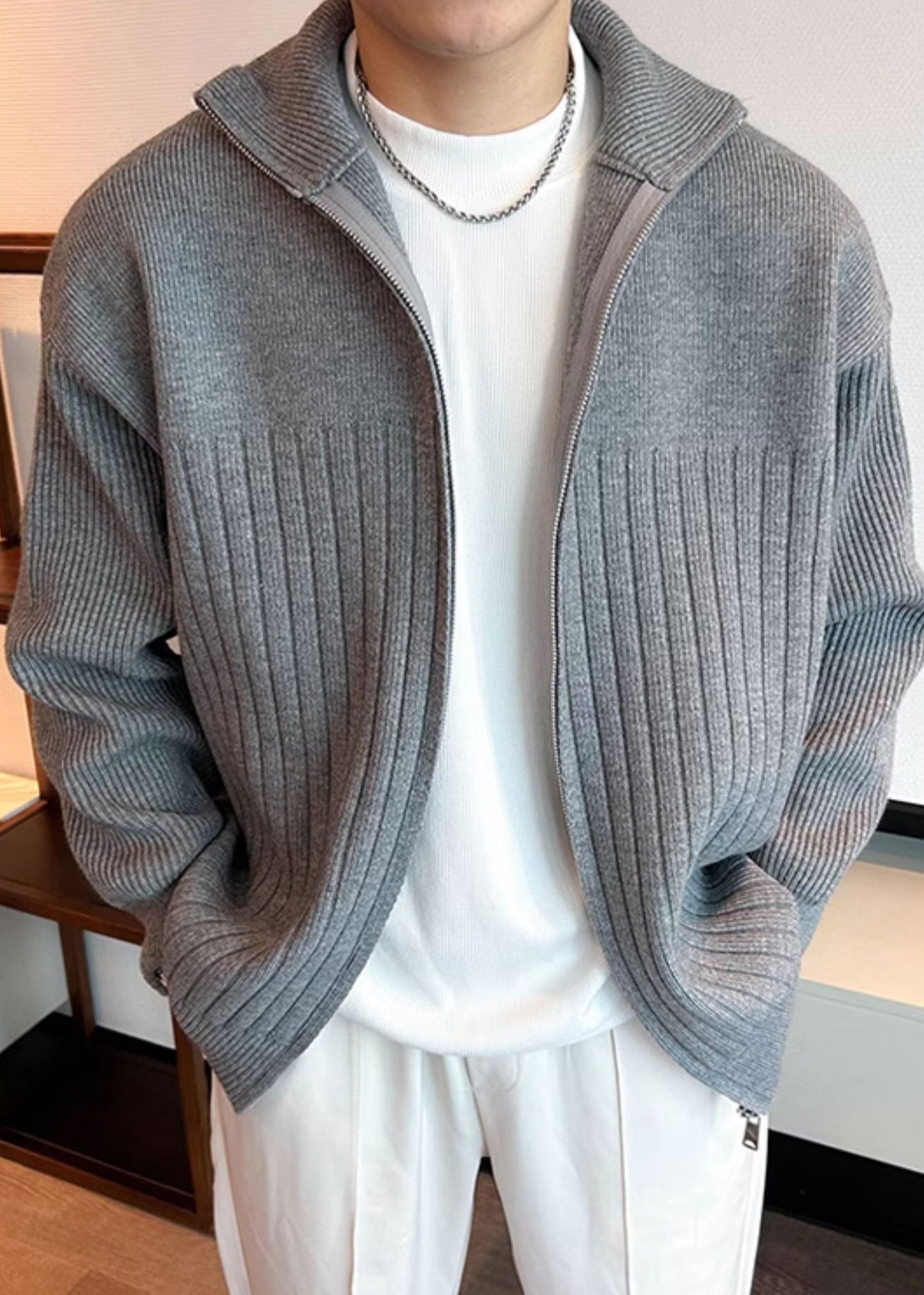 Knit Peter Men Coat Spring Grey Solid Pan Collar