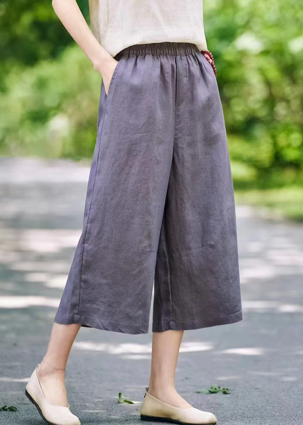 Waist Leg Solid Grey Pants Elastic Summer Linen Wide