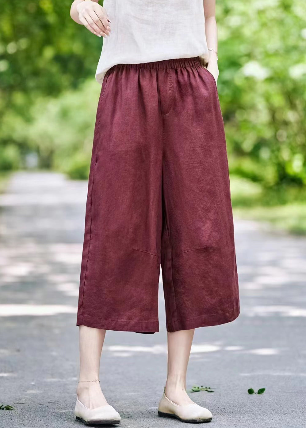 Waist Leg Solid Grey Pants Elastic Summer Linen Wide
