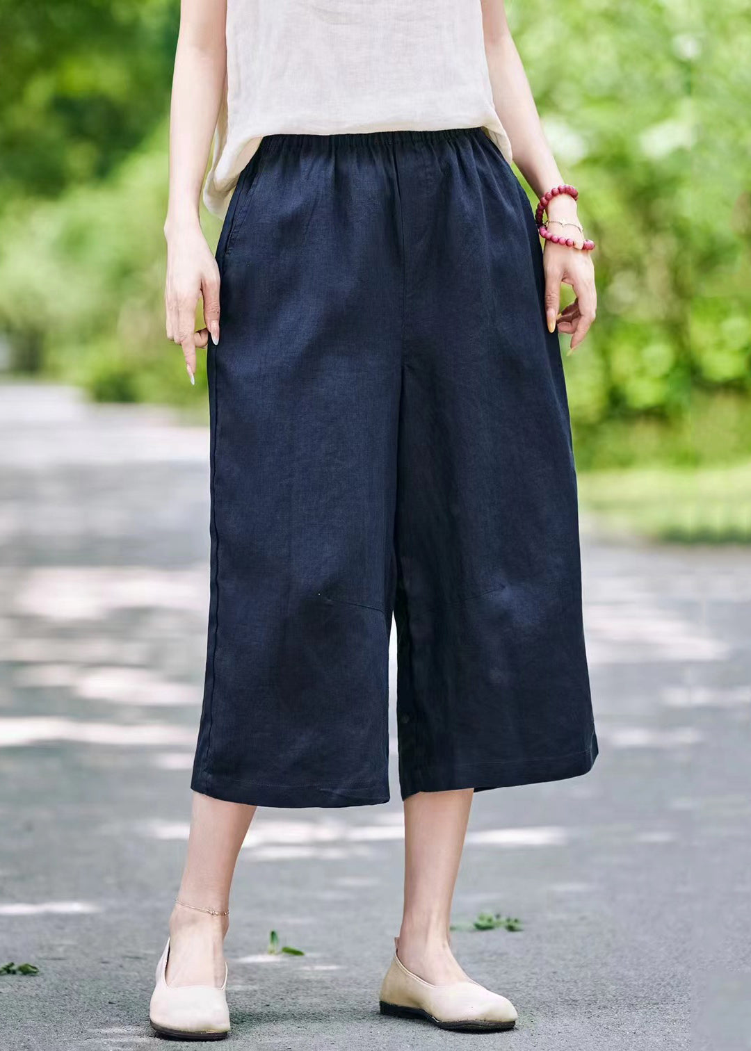 Waist Leg Solid Grey Pants Elastic Summer Linen Wide