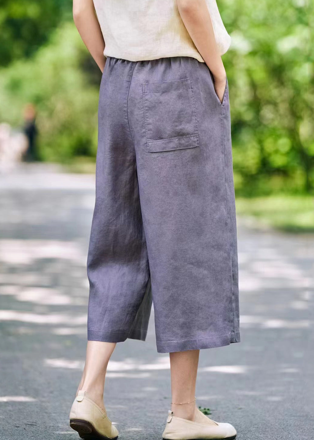Waist Leg Solid Grey Pants Elastic Summer Linen Wide