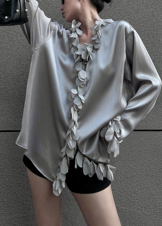 Neck Loose V Solid Cotton Grey Petal Sleeve Blouses