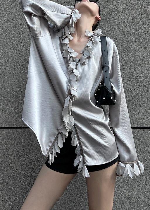 Neck Loose V Solid Cotton Grey Petal Sleeve Blouses
