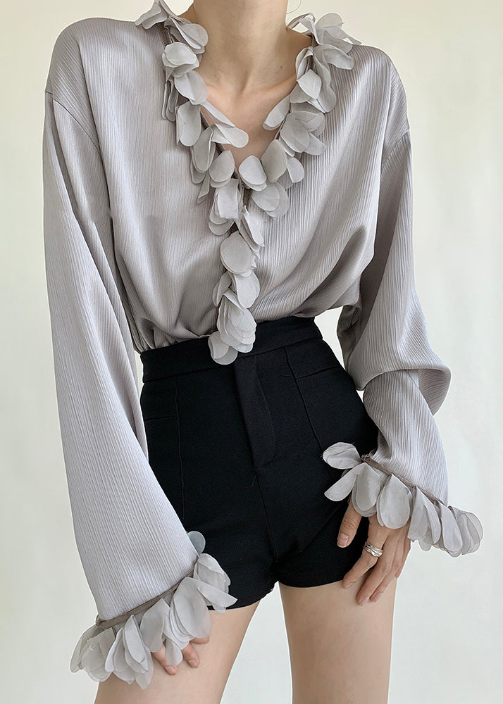 Neck Loose V Solid Cotton Grey Petal Sleeve Blouses