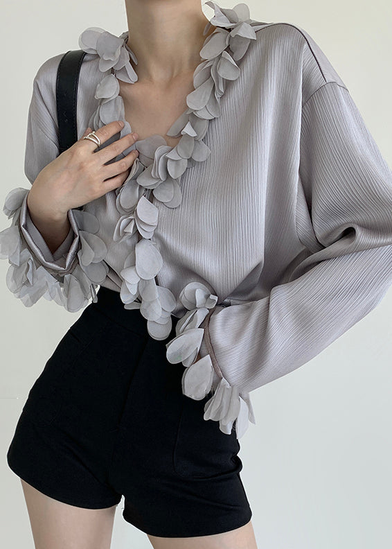 Neck Loose V Solid Cotton Grey Petal Sleeve Blouses