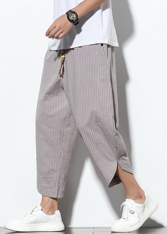 Crop Men Cotton Pockets Grey Elastic Summer Waist Pants Striped