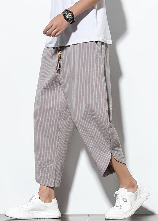 Crop Men Cotton Pockets Grey Elastic Summer Waist Pants Striped