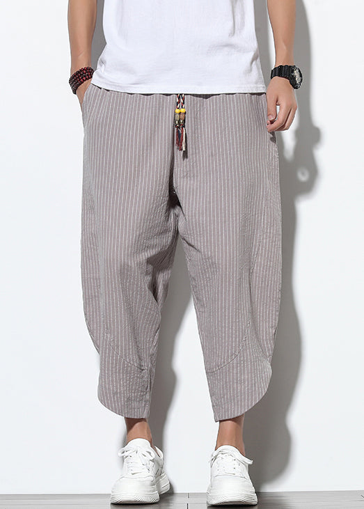 Crop Men Cotton Pockets Grey Elastic Summer Waist Pants Striped