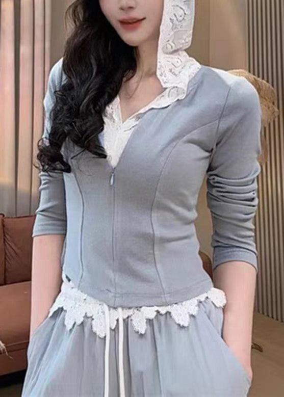 Grey Zippered Pants Pieces Set Women Two Hooded And Sweatshirt