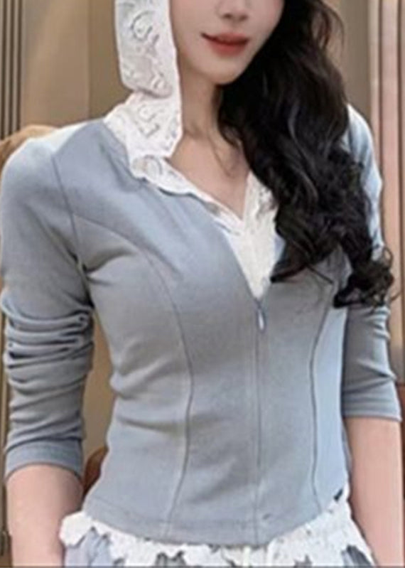 Grey Zippered Pants Pieces Set Women Two Hooded And Sweatshirt