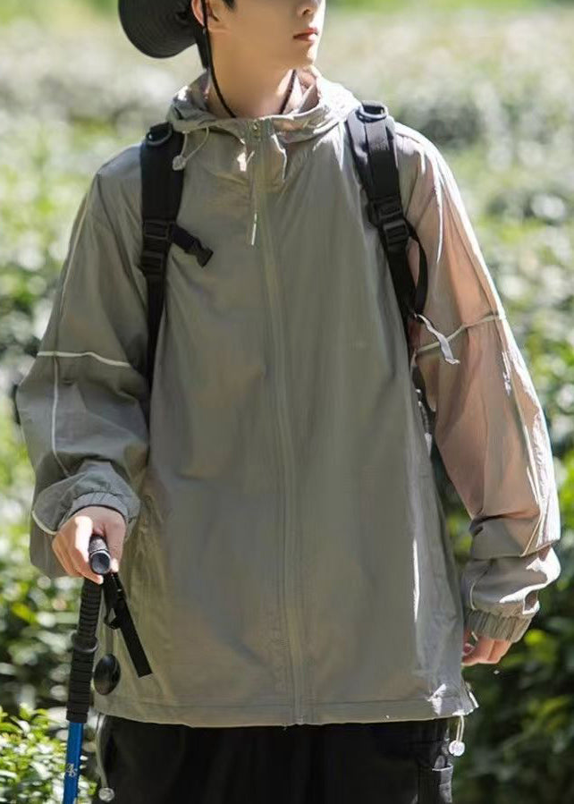 Ice Silk Coat Men Grey Hooded 50+ UPF Pockets Zippered Summer