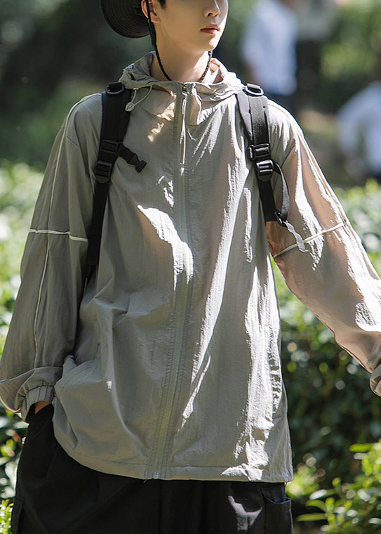 Ice Silk Coat Men Grey Hooded 50+ UPF Pockets Zippered Summer