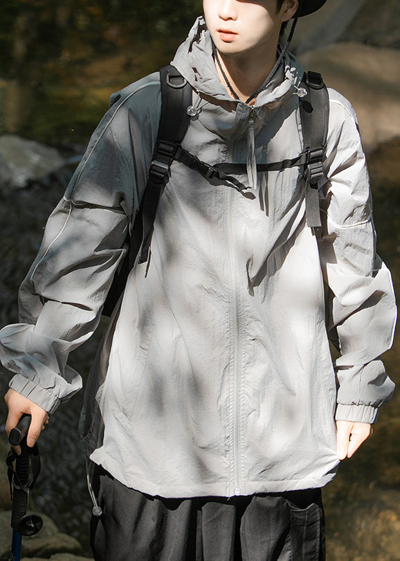 Ice Silk Coat Men Grey Hooded 50+ UPF Pockets Zippered Summer