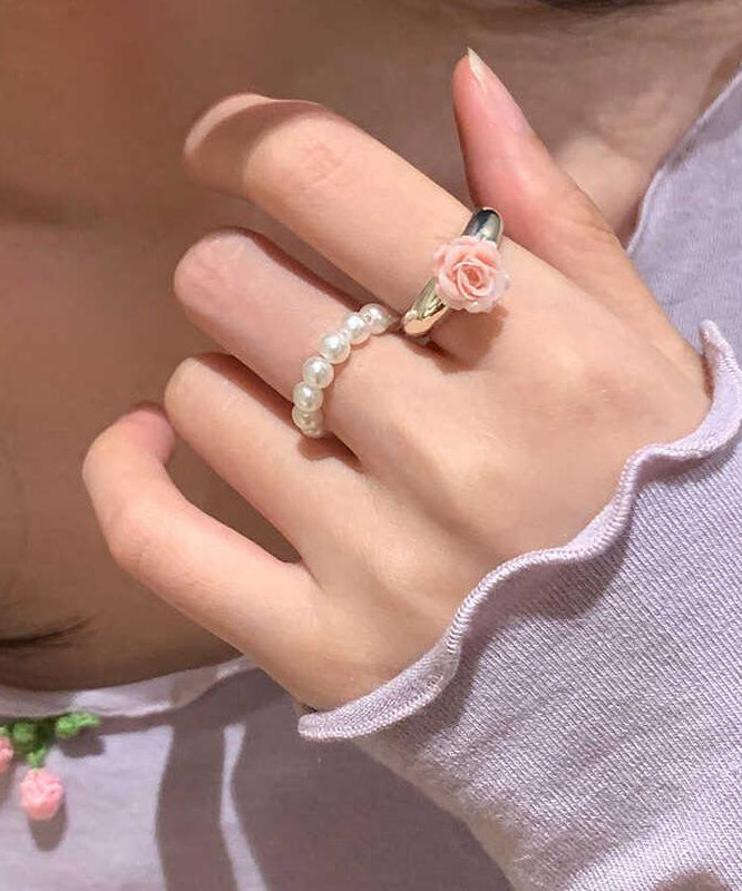 Floral Two-Piece Set Alloy Handmade Rings Pearl