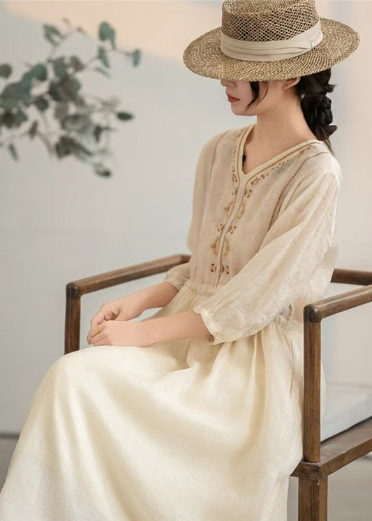 Linen Apricot Embroidered Drawstring Dress Handmade Summer