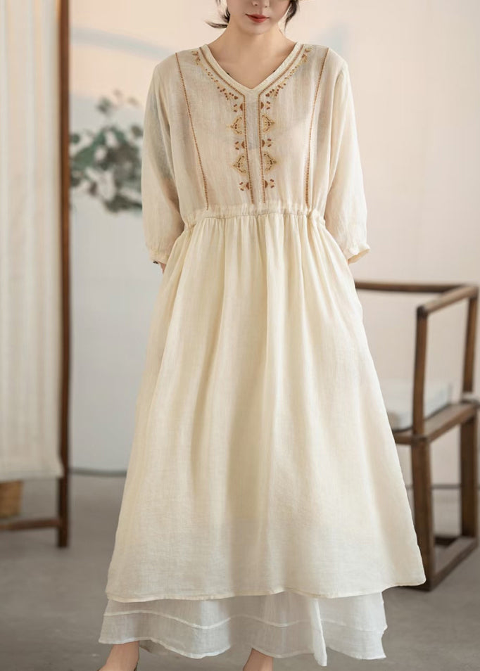 Linen Apricot Embroidered Drawstring Dress Handmade Summer