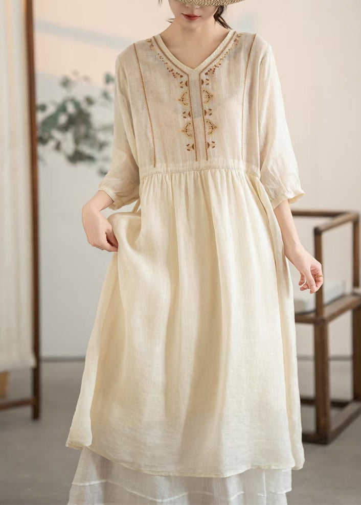 Linen Apricot Embroidered Drawstring Dress Handmade Summer