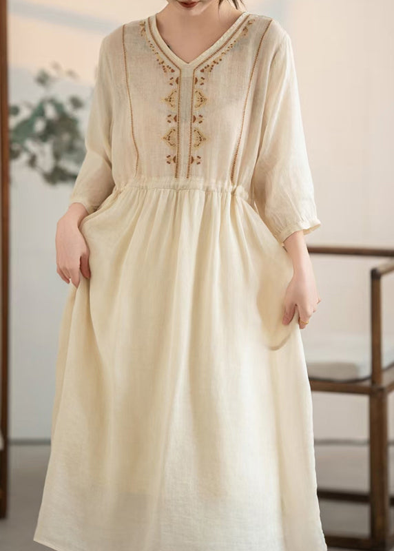 Linen Apricot Embroidered Drawstring Dress Handmade Summer
