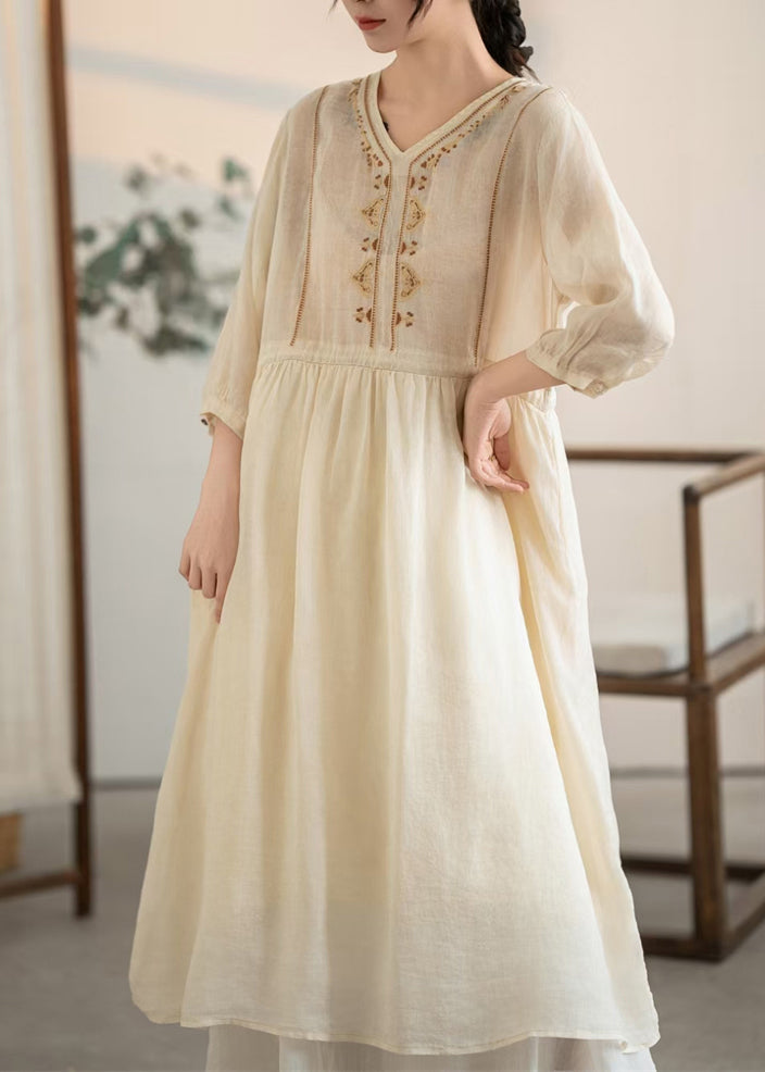 Linen Apricot Embroidered Drawstring Dress Handmade Summer