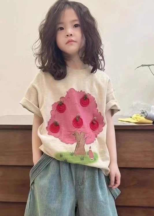 Handmade Apricot Print Girls Top Short Sleeve YU1067