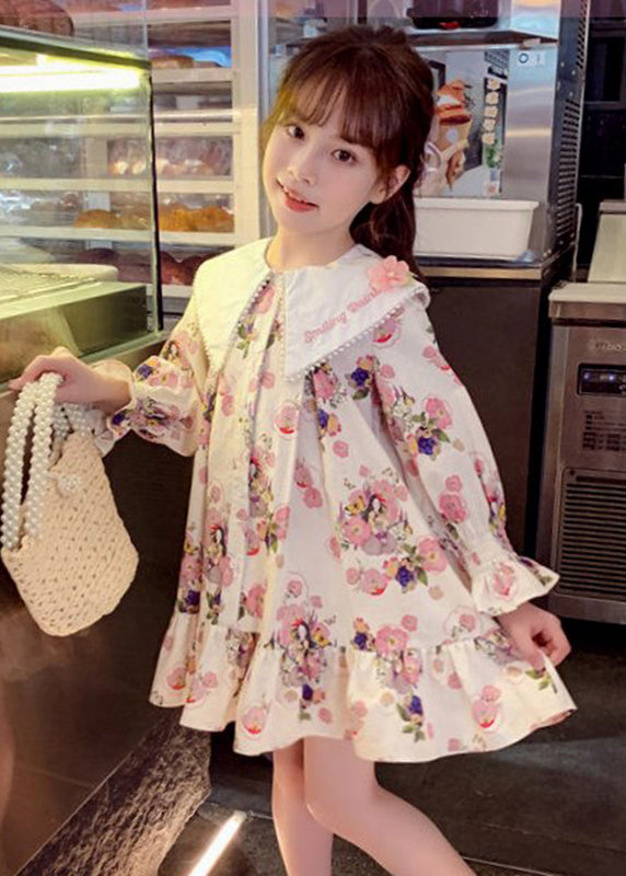 Handmade Apricot Print Nail Bead Girls Mid Dress Long Sleeve SS1044