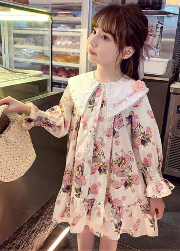 Handmade Apricot Print Nail Bead Girls Mid Dress Long Sleeve SS1044