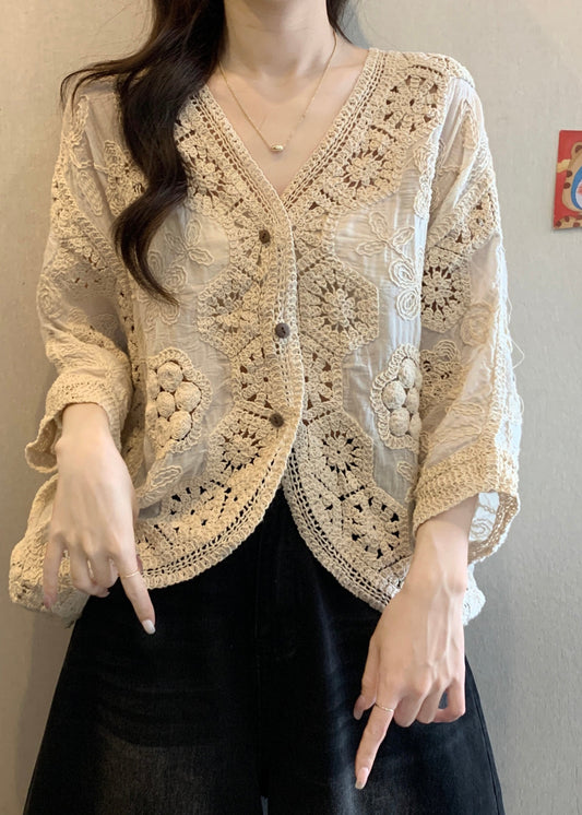 Button V Apricot Hollow Neck Handmade Spring Cardigan Out