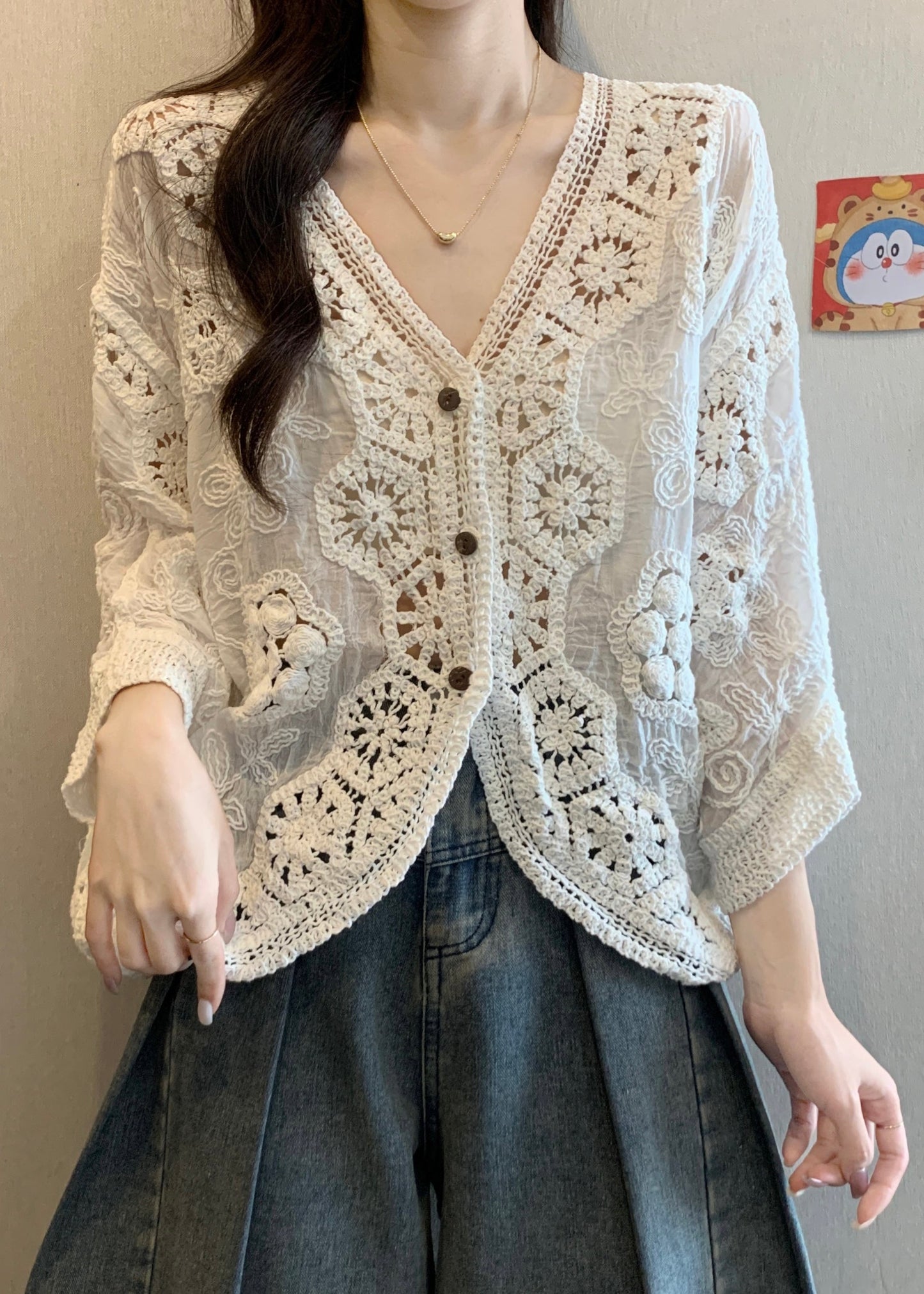 Button V Apricot Hollow Neck Handmade Spring Cardigan Out