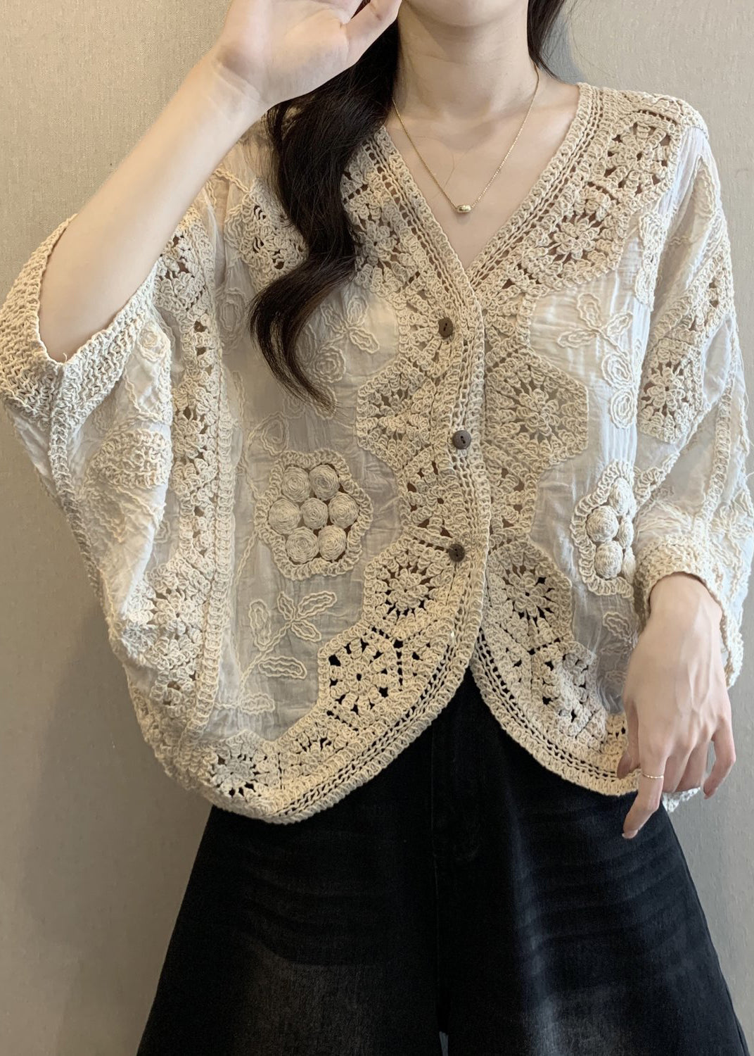 Button V Apricot Hollow Neck Handmade Spring Cardigan Out