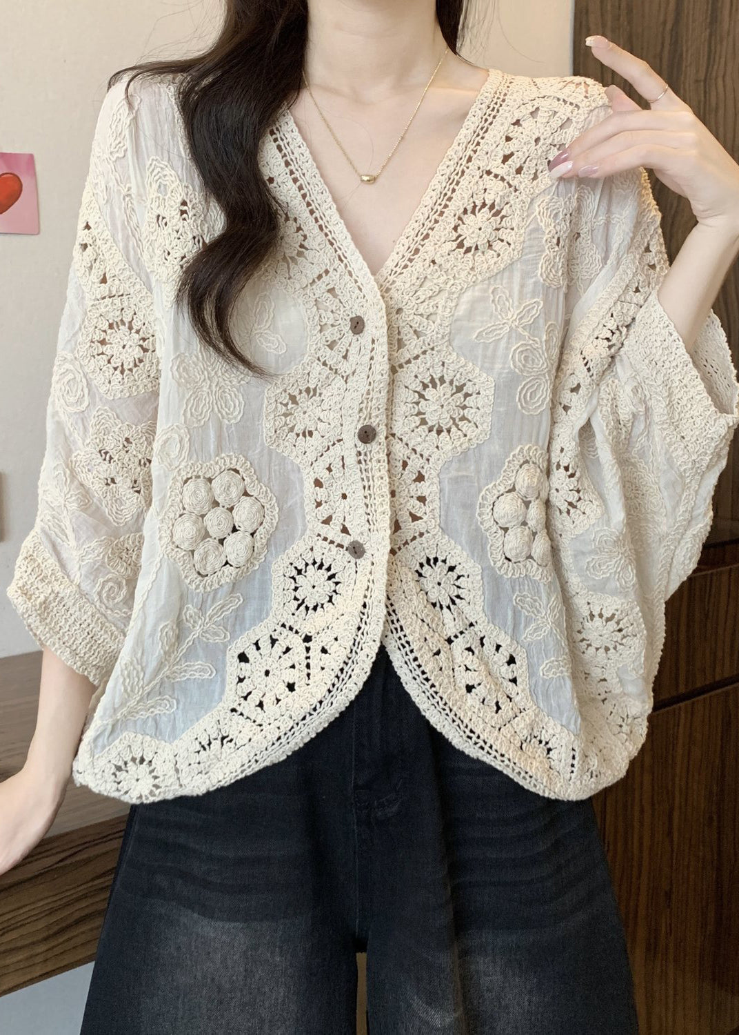 Button V Apricot Hollow Neck Handmade Spring Cardigan Out