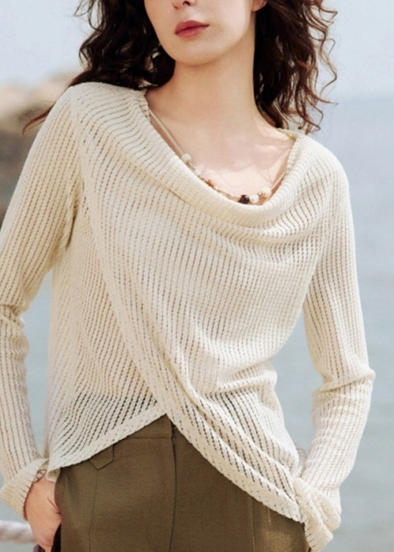 Spring Silk Handmade Asymmetrical Beige Shirt Knit Ice