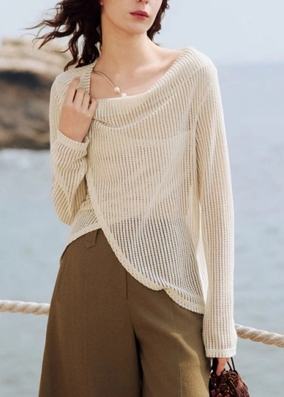 Spring Silk Handmade Asymmetrical Beige Shirt Knit Ice