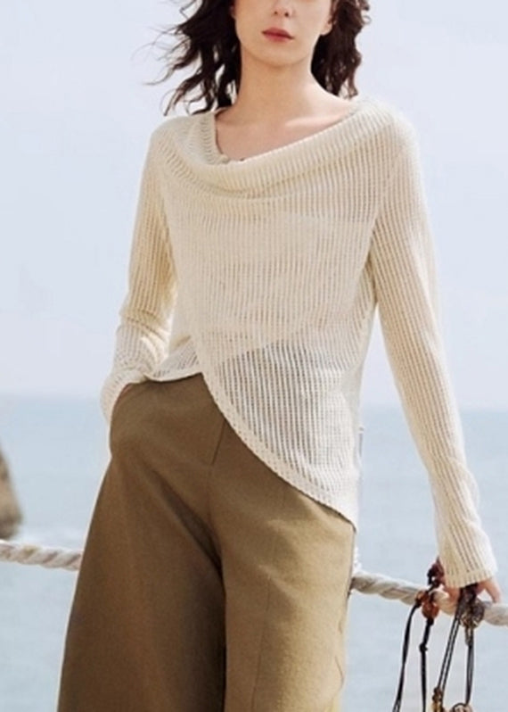 Spring Silk Handmade Asymmetrical Beige Shirt Knit Ice