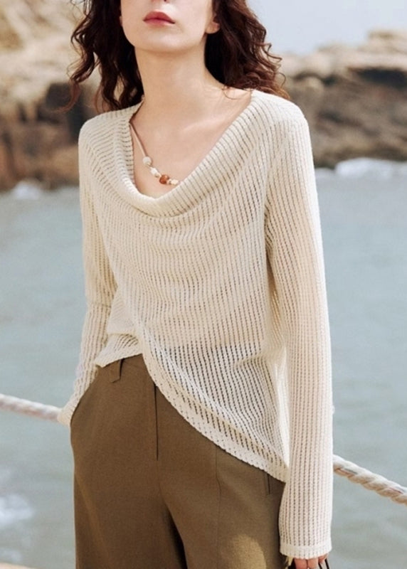 Spring Silk Handmade Asymmetrical Beige Shirt Knit Ice