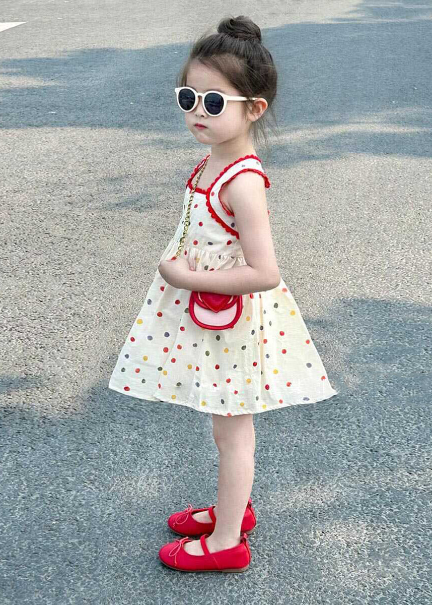 Handmade Beige Dot Patchwork Girls Mid Dresses Summer EW007