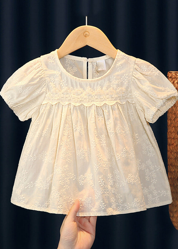 Handmade Beige Embroideried Ruffled Patchwork Girls Top Short Sleeve SS1013