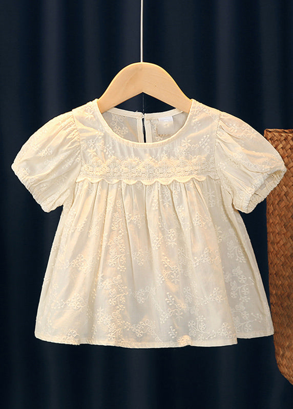 Handmade Beige Embroideried Ruffled Patchwork Girls Top Short Sleeve SS1013