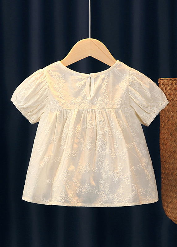 Handmade Beige Embroideried Ruffled Patchwork Girls Top Short Sleeve SS1013