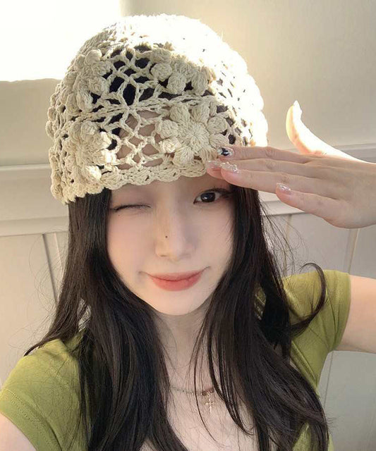 Beige Handmade Boonie Knit Hat Out Hollow Floral