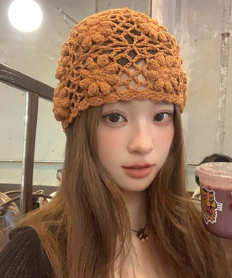 Beige Handmade Boonie Knit Hat Out Hollow Floral