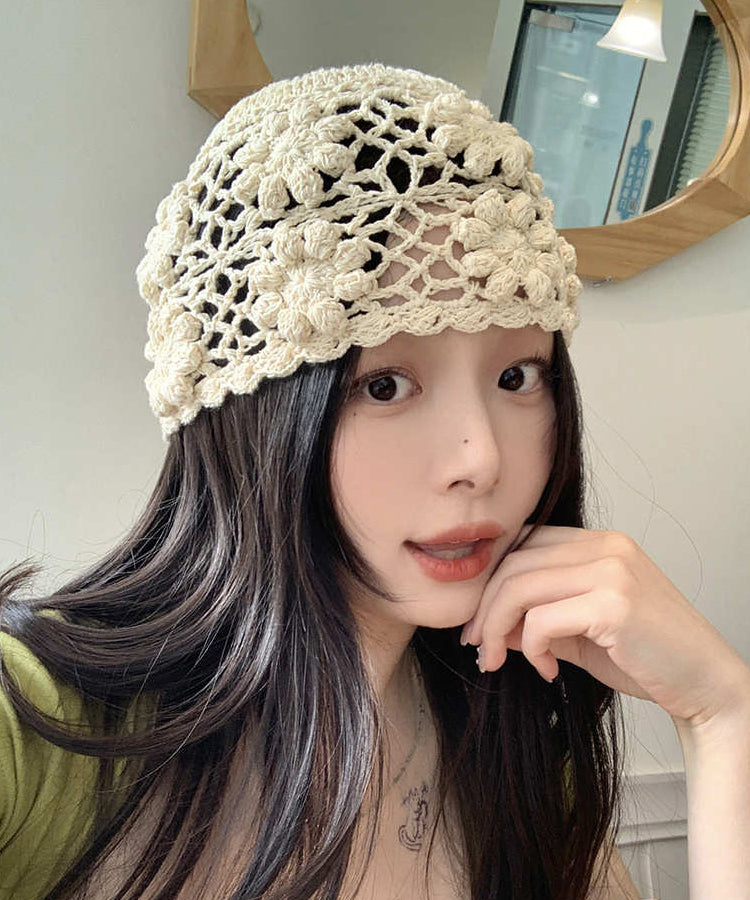 Beige Handmade Boonie Knit Hat Out Hollow Floral