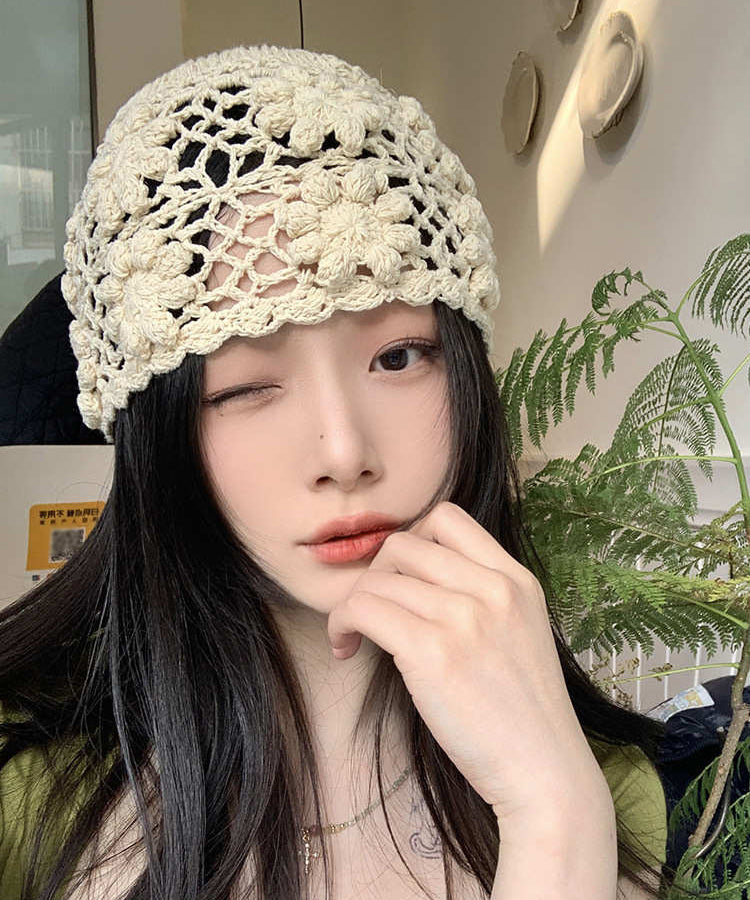 Beige Handmade Boonie Knit Hat Out Hollow Floral