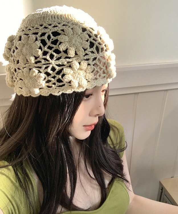 Beige Handmade Boonie Knit Hat Out Hollow Floral