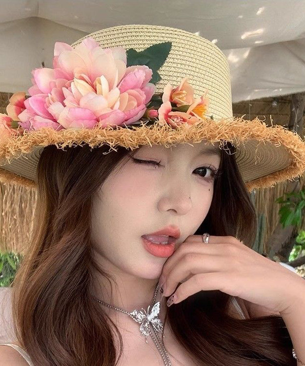 Beige French Handmade Straw Woven Hat Cloche Flower