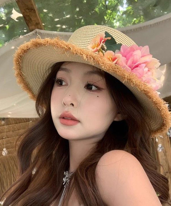 Beige French Handmade Straw Woven Hat Cloche Flower